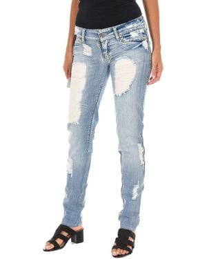 Met Long Ripped Effect Denim Trousers With Chiffon D012929-D024 - Blue