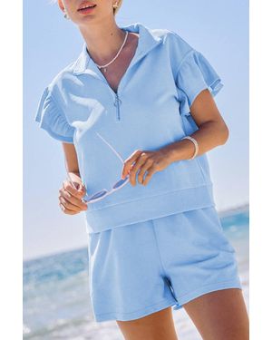 Everyday the Label Ribbed Knit Ruffle Trim Shorts Set - Blue