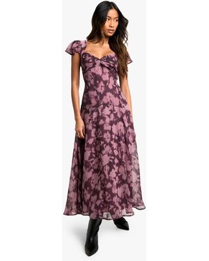 Boohoo Floral Long Sleeve Twist Front Midaxi Dress - Red