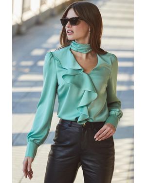 Sosandar Pale Satin Ruffle Detail Blouse - Blue