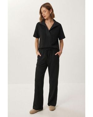 Happiness İstanbul Polo Collar Blouse & Mid Waist Wide Leg Trousers Two-Piece Set - Black