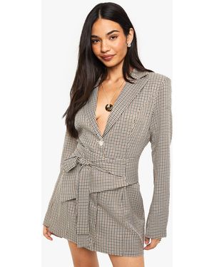 Boohoo Flannel Tailored Belt Detail Blazer Dress - Brown