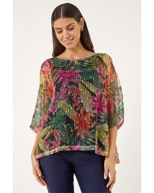 Roman Floral Print Mesh Overlay Top - Red