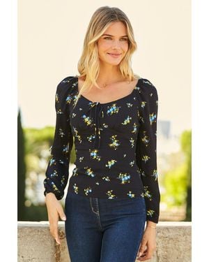 Sosandar Floral Print Tie Front Top Viscose - Black