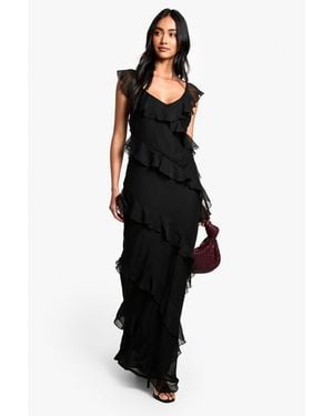 Boohoo Chiffon Ruffle Strappy Maxi Dress - Black
