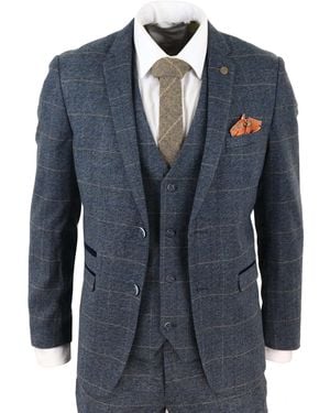 Infinity Leather 3 Piece Tweed Check Vintage Suit - Blue