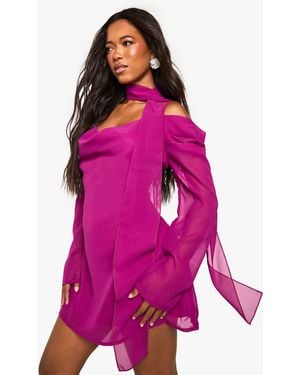 Boohoo Chiffon Scarf Detail Cold Shoulder Mini Dress - Pink