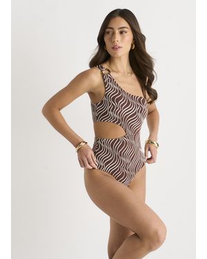Gini London Textured Abstract One Shoulder Swimsuit - Brown
