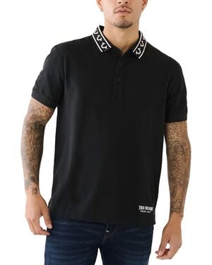 TRUE RELIGION Polo Shirt Branded Collar Ss Pique Top - Black