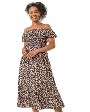 Roman Petite Animal Print Bardot Midi Dress - Natural