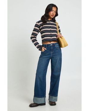 Boohoo Petite Turn Up High Waist Wide Leg Jean - Blue