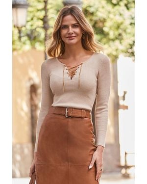 Sosandar Champagne Metallic Knitted Top With Lace Up Detail