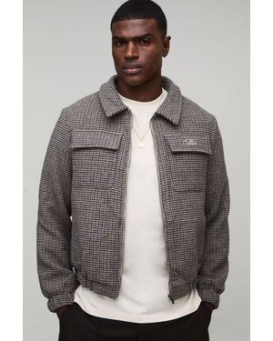 BoohooMAN Regular Fit Micro Check Pocket Harrington Jacket - Grey