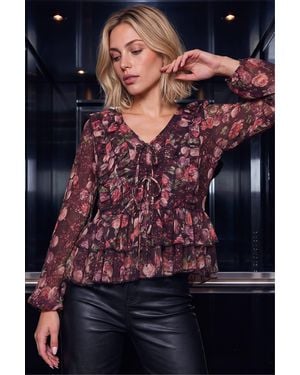 D.u.s.k Floral Tie Front Top - Black