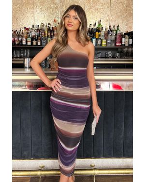 AX Paris Plum Abstract Print Mesh One Shoulder Bodycon Midi Dress - Black