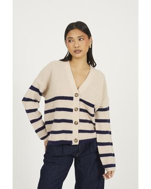 Brave Soul Light Stripe V-Neck Fisherman Knit Cardigan - Natural