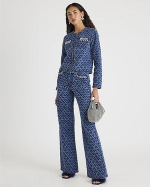 River Island Straight Leg Jeans Boucle Embellished Denim Cotton - Blue