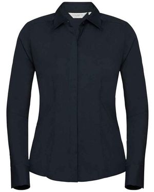 Russell Collection /Ladies Polycotton Fitted Long-Sleeved Shirt (French) - Blue