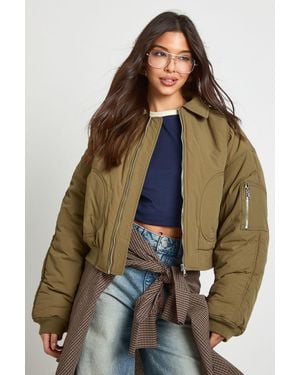 Boohoo Ruched Sleeve Bomber Jacket - Brown