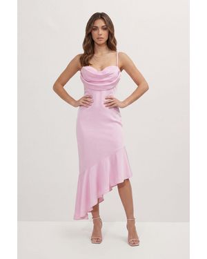 MissPap Premium Satin Draped Bust Frill Hem Midi Dress - Pink