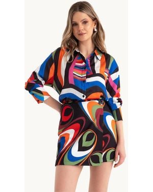 Hiccup 2 Pieces: Geometric V Neck Long Sleeve Shirt & Mini Skirt - Blue