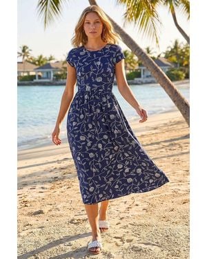 Roman Floral Print Midi Stretch Dress - Blue