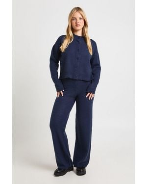Boohoo Petite Soft Knit Button Through Cardigan And Wide Leg Trouser Co-Ord - Blue