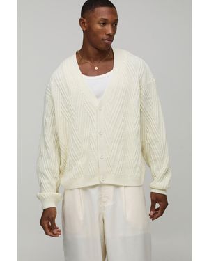 BoohooMAN Oversized Boxy Wavy Knitted Cardigan - Natural