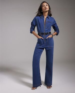 River Island Jumpsuit Stretch Denim Straight Leg Cotton - Blue