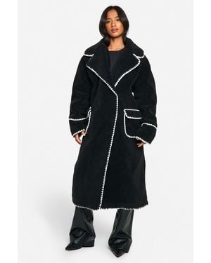 Boohoo Petite Longline Blanket Stitch Teddy Jacket - Black