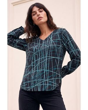 Roman V-Neck Abstract Puff Print Top - Blue