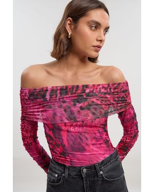 Karen Millen Animal Print Off The Shoulder Ruched Bodysuit - Red