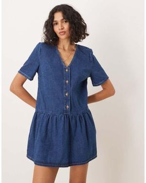 ASOS Drop Waist Denim V Neck Mini Dress - Blue