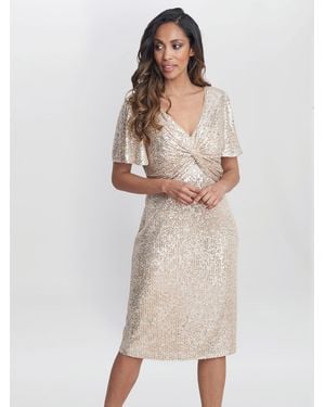 Gina Bacconi Krista V Neck Twist Sequin Dress - Natural
