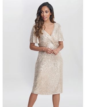 Gina Bacconi Krista V Neck Twist Sequin Dress - Natural