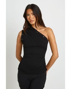 Boohoo Eyelet Trim One Shoulder Ruched Top - Black