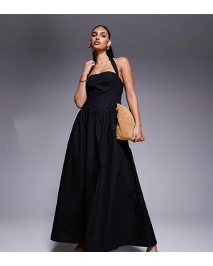 Kaiia Exclusive Cotton Rich Poplin Square Neck Halter Maxi Dress - Blue
