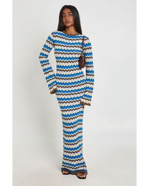 Boohoo Knitted Stripe Long Sleeve Maxi Dress - Blue