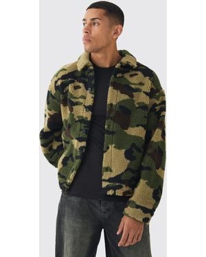 BoohooMAN Jacquard Regular Fit Camo Borg Overshirt - Green