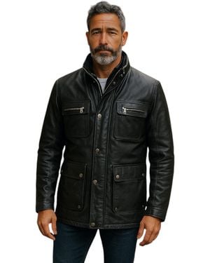 Infinity Leather Military Jacket Outwear Coat - Black