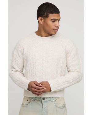 BoohooMAN Shrunken Boxy Extended Neck Cable Knitted Jumper - White