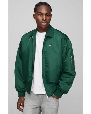 BoohooMAN Boxy Fit Satin Look Nylon Collared Bomber Jacket - Green