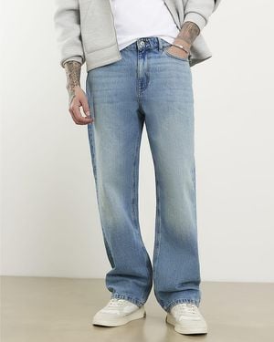 River Island Loose Fit Jeans Denim Button Zip Cotton - Blue