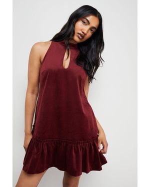Warehouse Bonded Velvet High Neck Mini Dress - Red