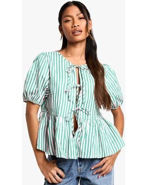 Boohoo Wide And Stripe Tie Front Puff Sleeve Smock Top Cotton - Blue