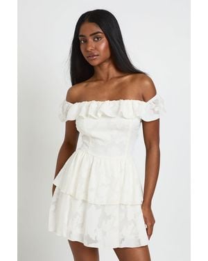 Boohoo Textured Floral Bardot Mini Dress - White