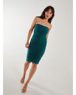 Pink Vanilla Strapless Ruched Slinky Midi Dress - Blue