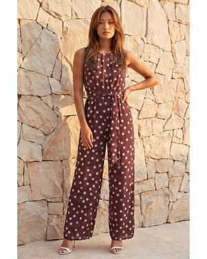 Roman Spot Pleat Neck Jumpsuits - Brown