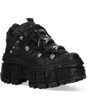 New Rock M-106Wall-C65 Python Leather Platform Ankle Boots - Black