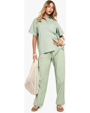 Boohoo Cotton Poplin Wide Leg Trousers - Green